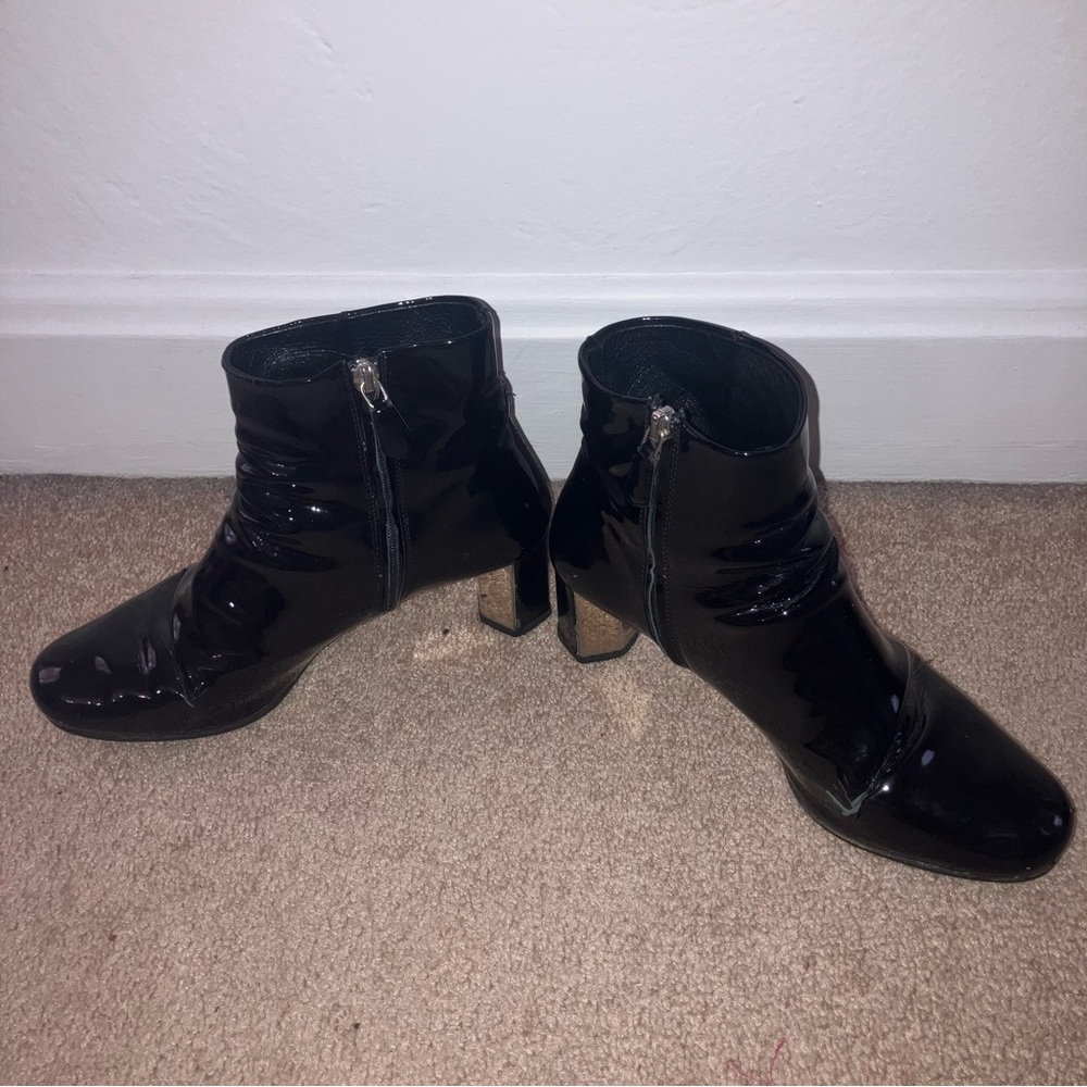 Prada Metal Block Heel Patent Leather Ankle Boot